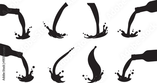 Black Solid Wine Pour Silhouettes Set of Six on White Background