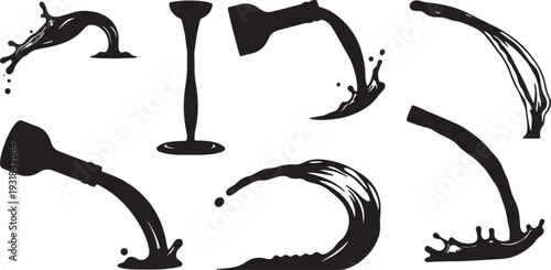 Black Solid Wine Pour Silhouettes Set of Six on White Background