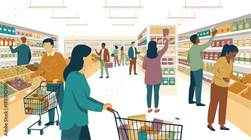 Diverse people shopping for groceries in a busy supermarket aisle