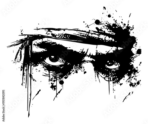 Intense close up of human eyes in dramatic black ink splatter and sketch style