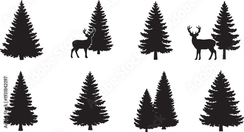 Black Solid Winter Pine Tree Silhouettes Set of Six