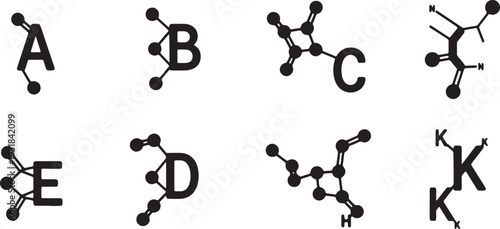 Black Solid Vitamin ABCDE Molecular Silhouettes Set of Six on White Background