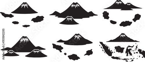 Black Solid Volcanic Island Archipelago Silhouettes Set of Six on White Background