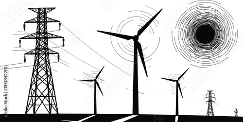 Wind turbines and power transmission tower vector illustration, renewable energy landscape silhouette, electricity generation concept isolated on white background