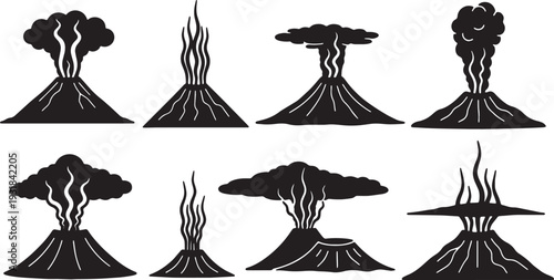Black Solid Volcanic Island Silhouettes Set of Six on White Background