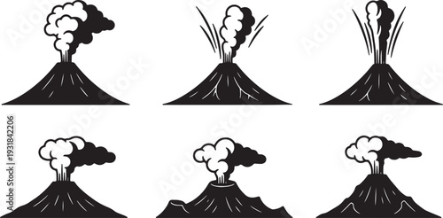 Black Solid Volcanic Island Silhouettes Set of Six on White Background