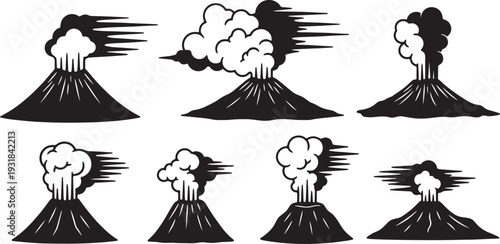 Black Solid Volcanic Island Silhouettes Set of Six on White Background