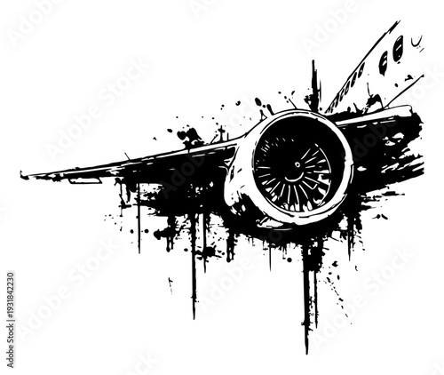 Jet airplane engine and wing detail rendered in artistic ink splatter grunge style