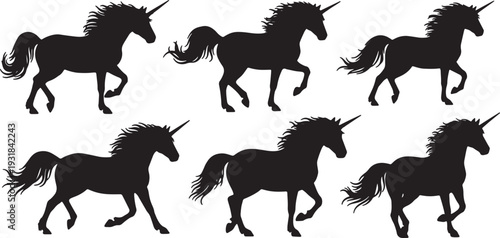 Black Solid Winter Unicorn Silhouettes Set of Six on White Background