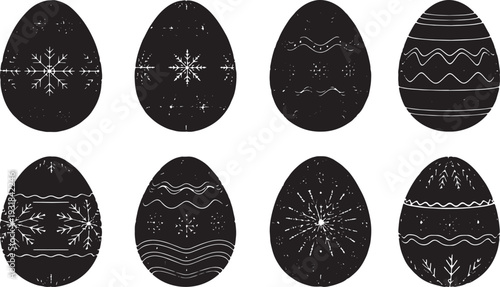 Black Solid Winter Pattern Egg Silhouettes Set of Six on White Background
