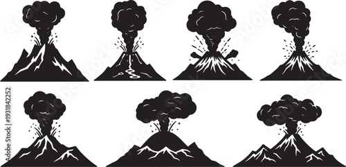 Black Solid Volcanic Smoke Peak Silhouettes Set of Six on White Background