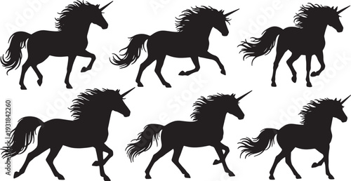 Black Solid Winter Unicorn Silhouettes Set of Six on White Background