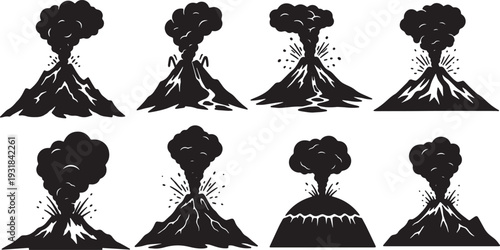 Black Solid Volcanic Smoke Peak Silhouettes Set of Six on White Background
