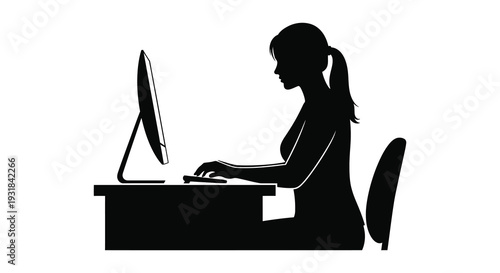 A striking black silhouette depicts a woman working at a computer showcasing modern office life and technology silhouette high quality professional