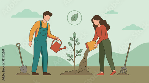 People planting a young tree, teamwork for nature conservation illustration