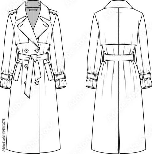 Classic double breasted trench coat vector sketch, long sleeve belted overcoat, fashion flat technical drawing, storm flap, pockets, white, template.
