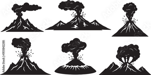 Black Solid Volcanic Smoke Peak Silhouettes Set of Six on White Background