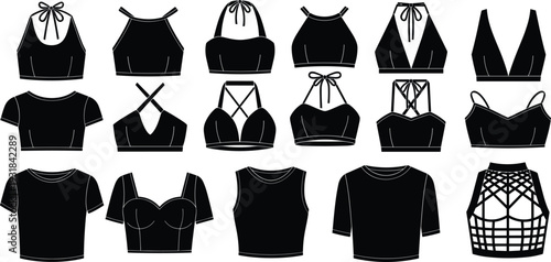 Women crop top and bralette silhouettes set, various neckline fashion apparel vector illustration isolated on white background clothing collection bundle