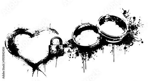 Romantic composition with heart padlock and rings in artistic ink splatter grunge style
