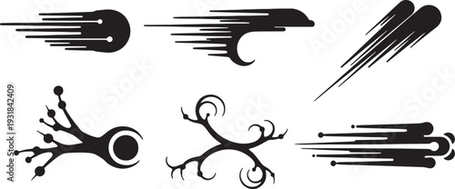 Black Solid Warp Speed Motion Streak Silhouettes Set of Six on White Background