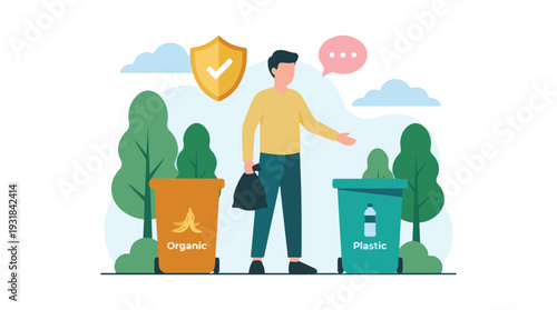 Person sorting waste into organic and plastic bins for environmental protection