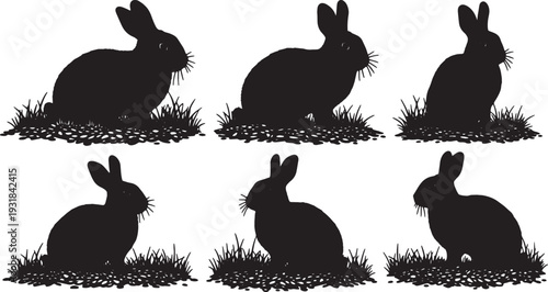 Black Solid Wood Chip Grass Resting Bunny Silhouettes Set of Six on White Background