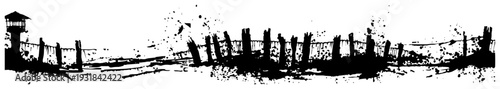 Horizontal landscape banner featuring a rustic wooden fence and watchtower in a grungy ink splatter style