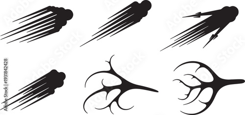 Black Solid Warp Speed Motion Streak Silhouettes Set of Six on White Background