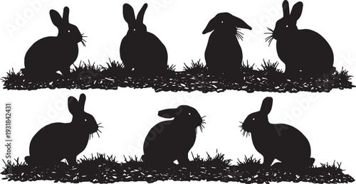 Black Solid Wood Chip Grass Resting Bunny Silhouettes Set of Six on White Background