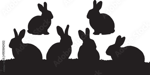 Black Solid Wood Chip Resting Bunny Silhouettes Set of Six on White Background