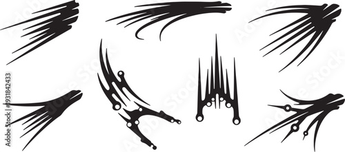 Black Solid Warp Speed Motion Streak Silhouettes Set of Six on White Background
