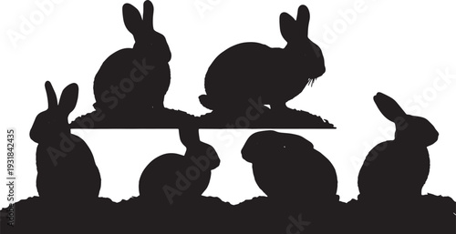 Black Solid Wood Chip Resting Bunny Silhouettes Set of Six on White Background