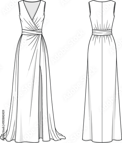 Elegant white evening gown flat sketch, sleeveless V-neck wrap bodice, pleated waist, floor-length maxi skirt with high side slit, fashion illustration.