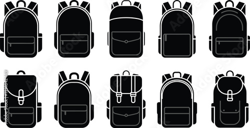 Backpack icons collection, school bags, travel backpacks, fashion design, luggage illustration, outdoor gear, hiking pack, student bag, modern style, accessory