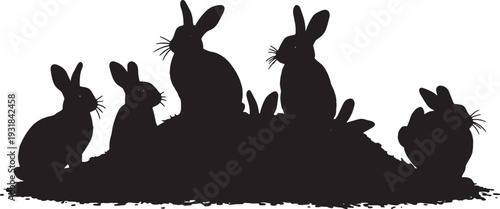 Black Solid Wood Chip Resting Bunny Silhouettes Set of Six on White Background