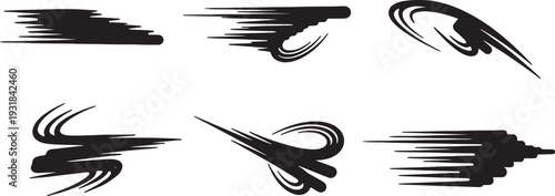 Black Solid Warp Speed Motion Streak Silhouettes Set of Six on White Background