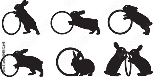 Black Solid Wooden Hoop Bunny Silhouettes Set of Six on White Background