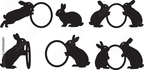 Black Solid Wooden Hoop Bunny Silhouettes Set of Six on White Background