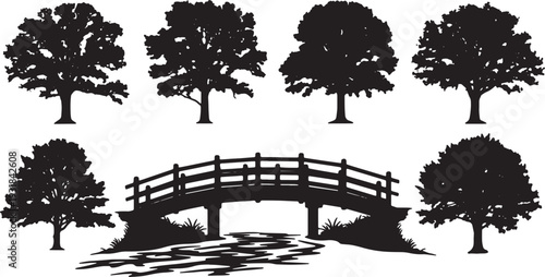 Black Solid Water Oak Tree Silhouettes Set of Six