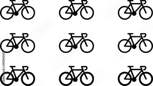 Bicycle outline icons grid, black vector illustration, cycling transport symbol, minimal pattern design, organized layout, simple bike collection, graphic concept art
