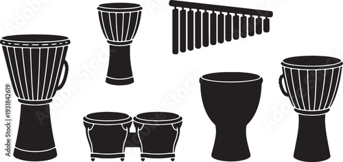 Black Solid World Percussion Silhouettes Set of Six on White Background