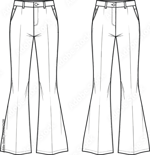 Fashion flat sketch collection, jumpsuits, wrap midi dress, cargo pants, flared trousers, technical drawing, apparel design, vector illustration, white, outfit.