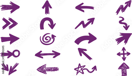 Collection of various purple handdrawn arrows on white background for design and direction indication purposes easily