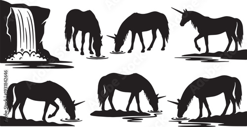 Black Solid Waterfall Drinking Unicorn Silhouettes Set of Six on White Background