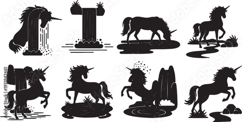 Black Solid Waterfall Grooming Unicorn Silhouettes Set of Six on White Background
