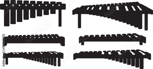 Black Solid Percussion Bar Silhouettes Set of Six on White Background
