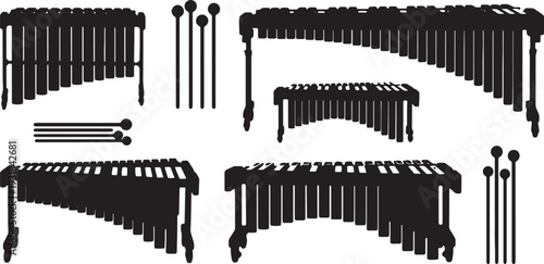 Black Solid Percussion Bar Silhouettes Set of Six on White Background