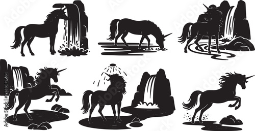 Black Solid Waterfall Grooming Unicorn Silhouettes Set of Six on White Background