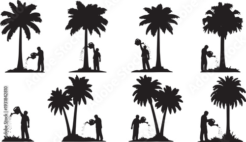 Black Solid Watering Palm Tree Silhouettes Set of Six on White Background