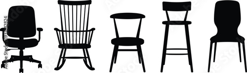 Chair silhouette illustration set, office chair vector, rocking chair icon, dining chair design, bar stool symbol, modern plastic chair background